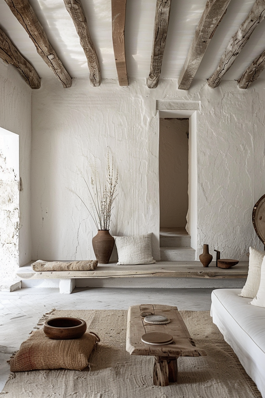 Rustic interior with white walls, wooden ceiling beams, simple furniture, and earth-toned decor.