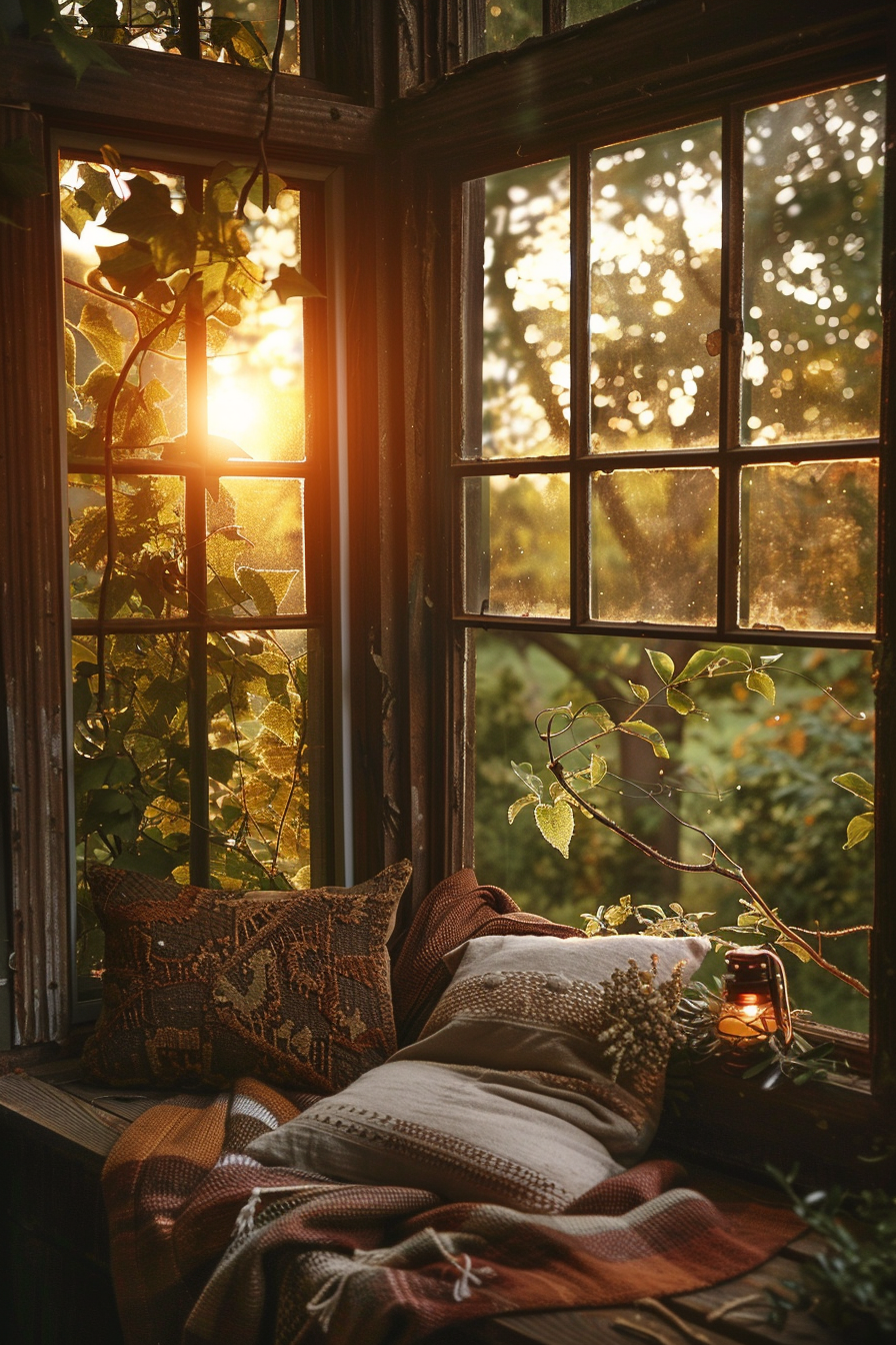 Cozy window nook with cushions, a blanket, and plants, bathed in warm sunset light.