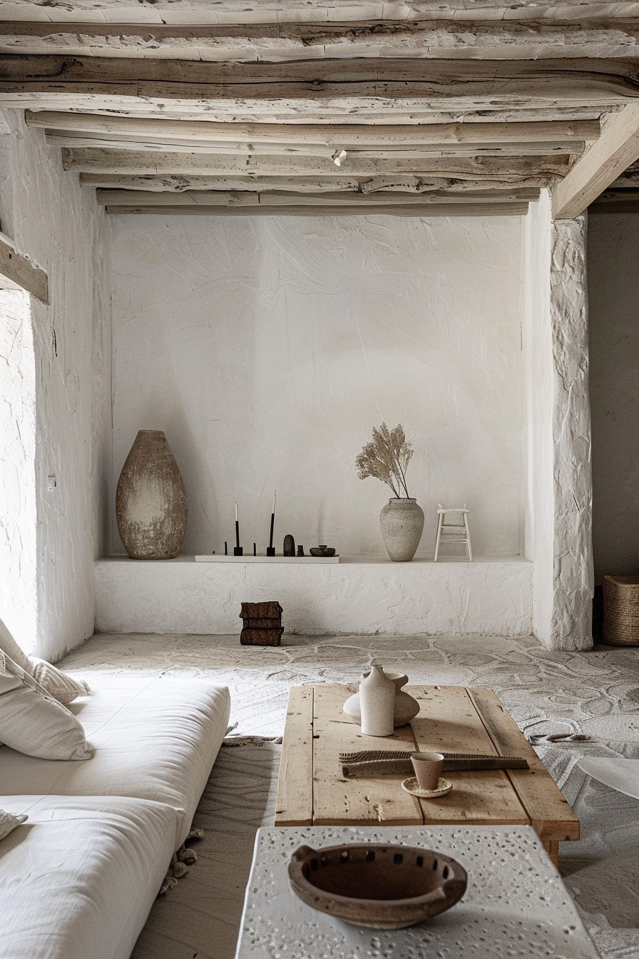 Rustic minimalist living room with textured white walls, natural wooden beams, and simple earth-toned decor.