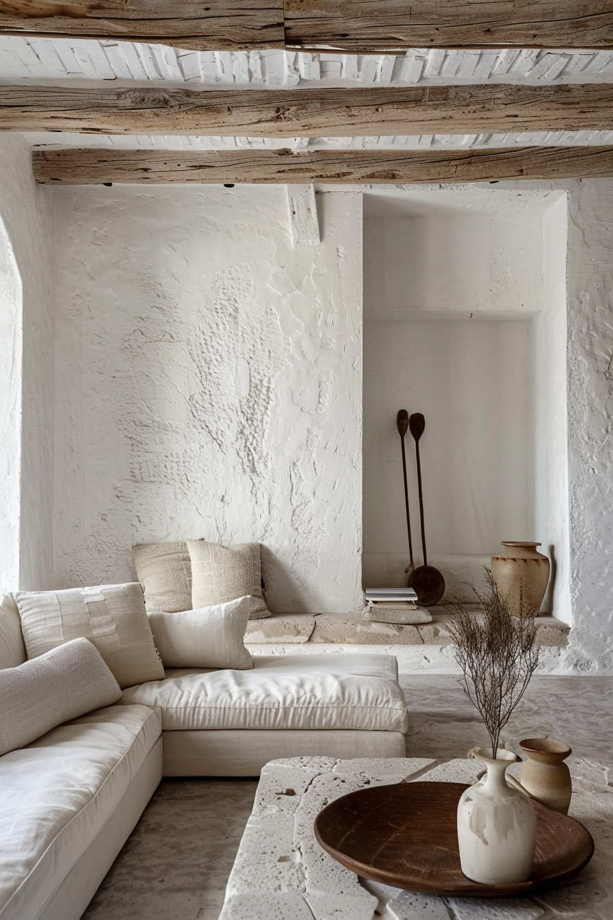 ALT: A rustic living room with white textured walls, wooden beams, an L-shaped sofa, and minimalist decor including a pottery collection.