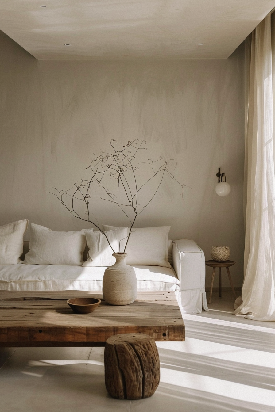 Cozy minimalist living room with a white sofa, rustic wooden coffee table, ceramic vase with branches, and sheer draped curtains.