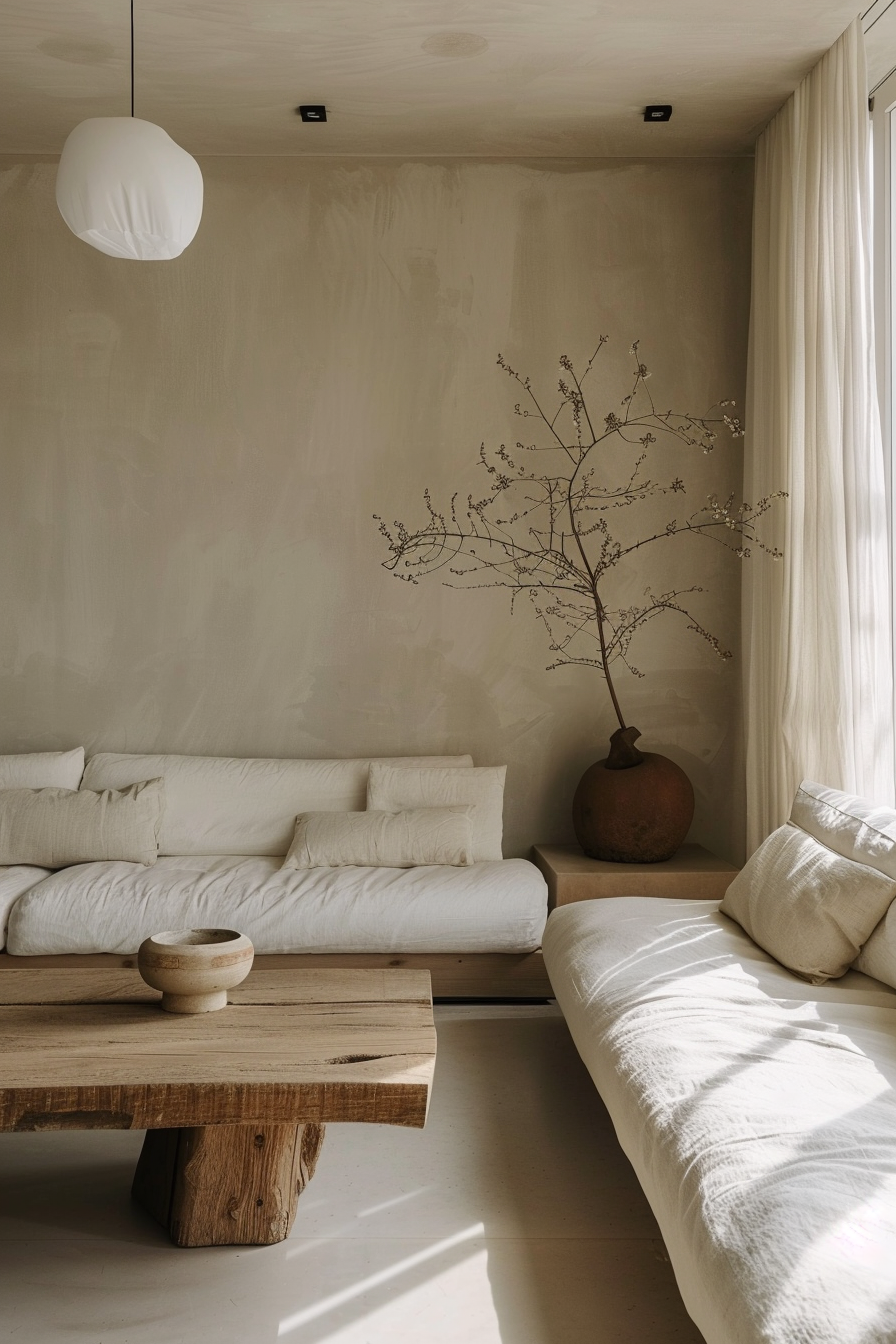 Minimalist living room with neutral tones, a wooden coffee table, white sofa, and a tall branch in a vase.