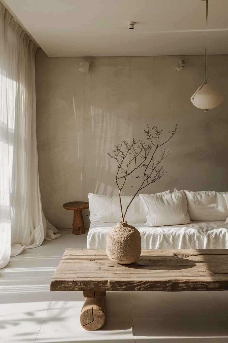 A minimalist room with a white sofa, rustic wooden table and a vase with dried branches, bathed in natural light.