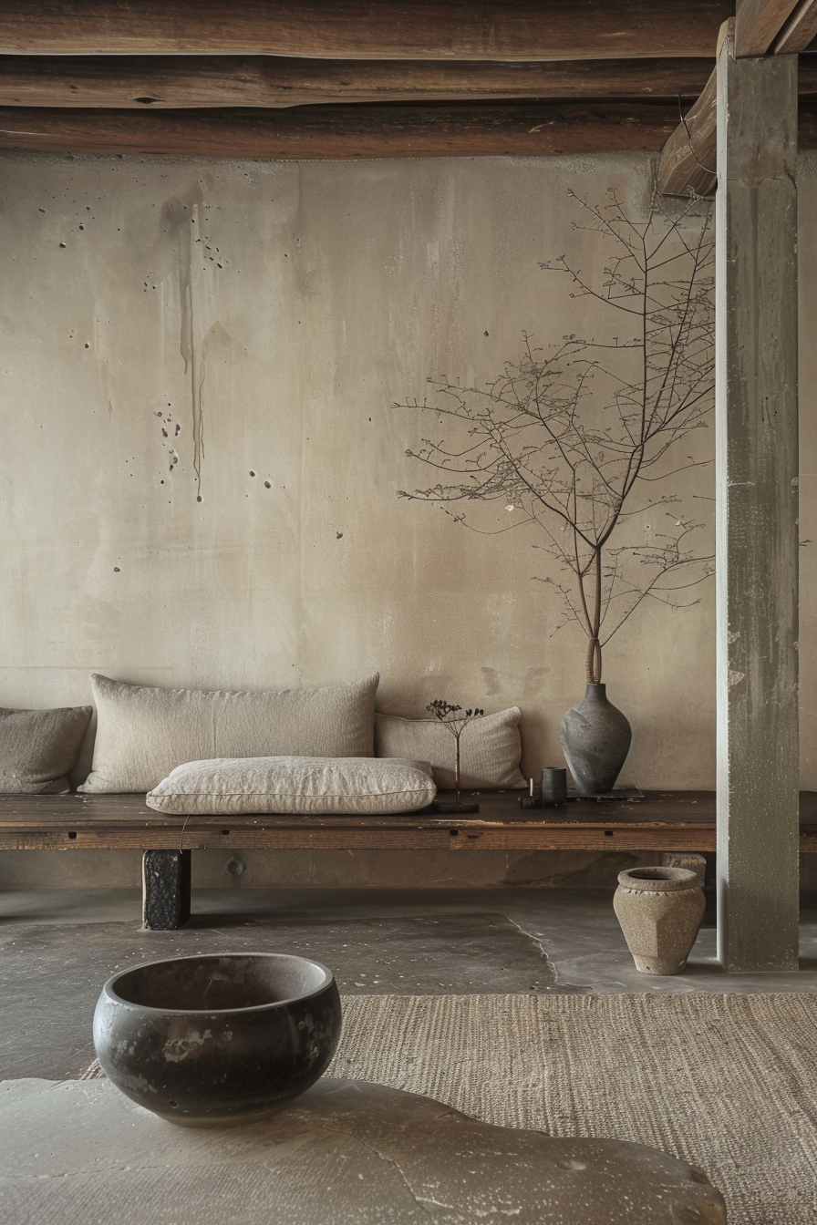 A serene room with a low wooden bench adorned with cushions, a tall vase with dried branches, and rustic bowls on a textured rug.