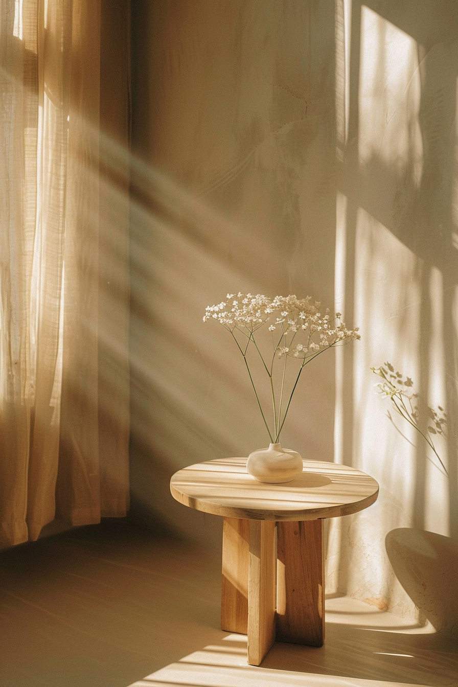 ALT: A serene room with sunlight filtering through sheer curtains onto a wooden stool with a vase of delicate white flowers.