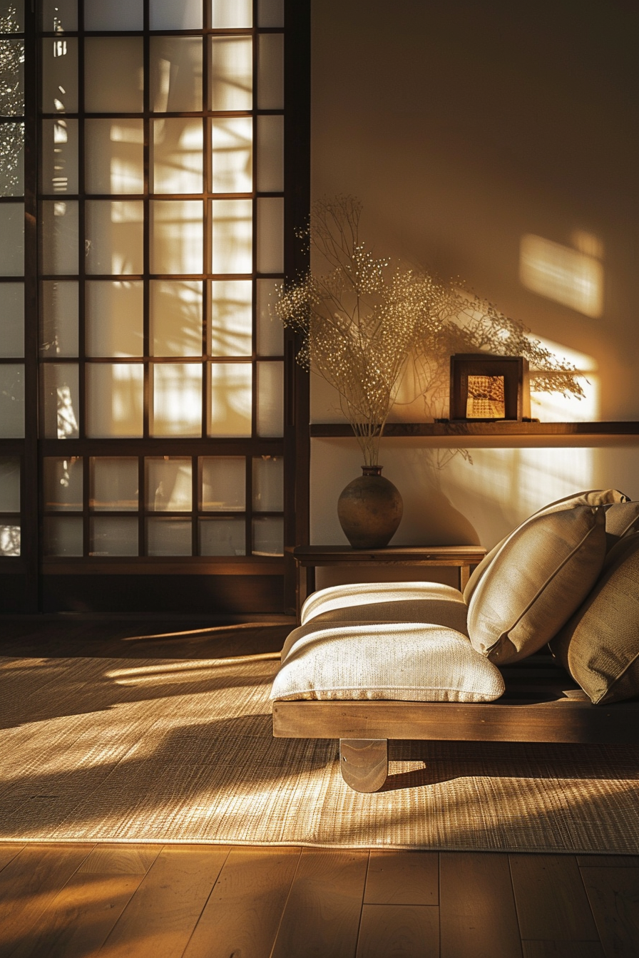 Warm sunlight filters through shoji screen doors, casting shadows in a peaceful room with a cushioned bench and vase of dried flowers.
