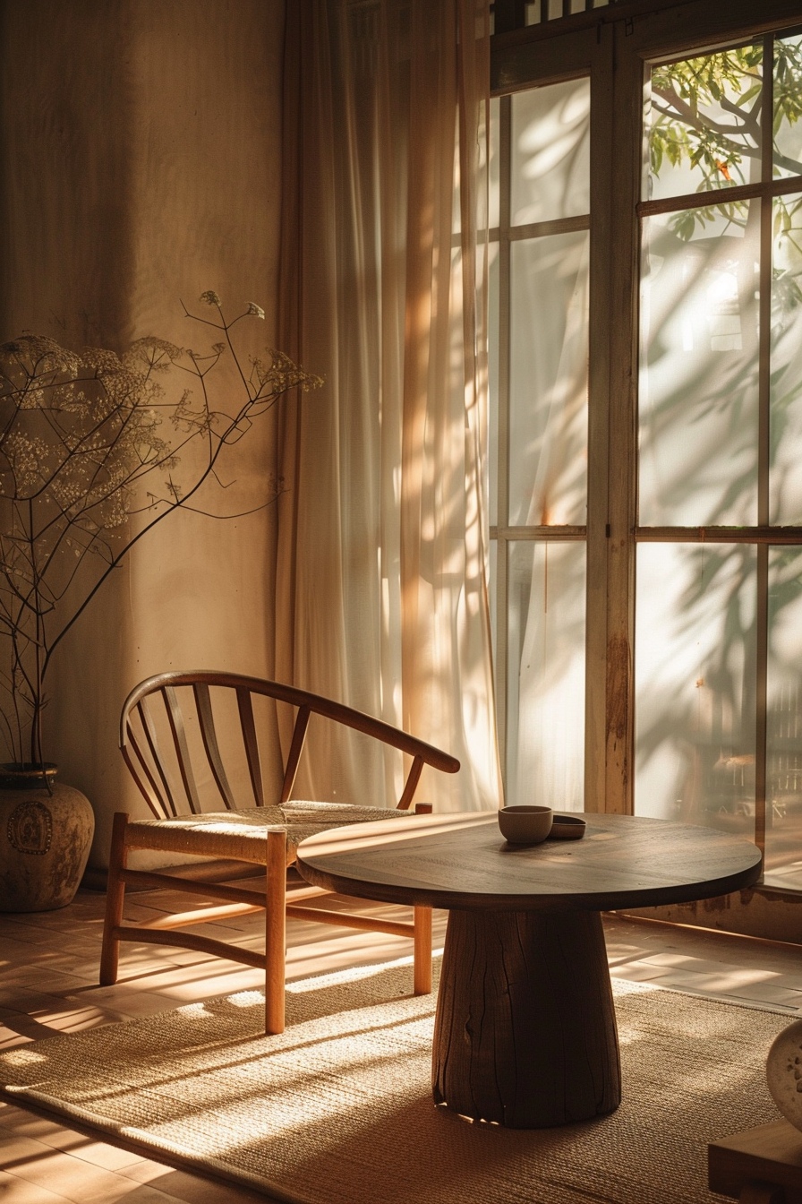 Cozy interior with warm sunlight filtering through sheer curtains, highlighting a wooden chair and table set on a textured rug.