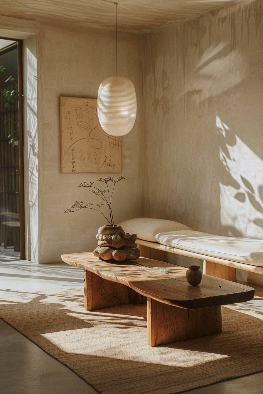 Warm sunlight illuminates a cozy room with a wooden table, bench, beige rug, pendant light, and dried flowers in a stone vase.