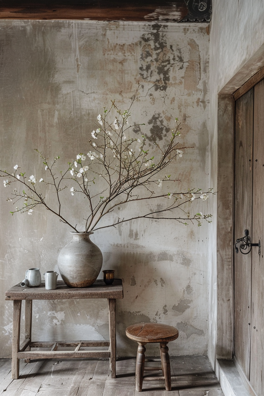 Rustic corner with a large ceramic vase on a wooden table, containing a blooming branch, next to a small stool against a weathered wall.