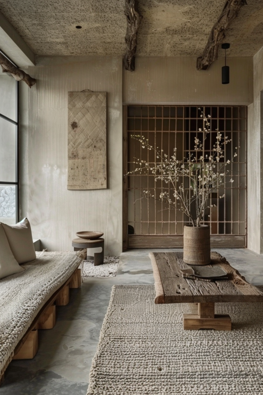 ALT: A tranquil, rustic-style room with textured rugs, wooden furniture, a vase of white blossoms, and traditional Japanese sliding doors.