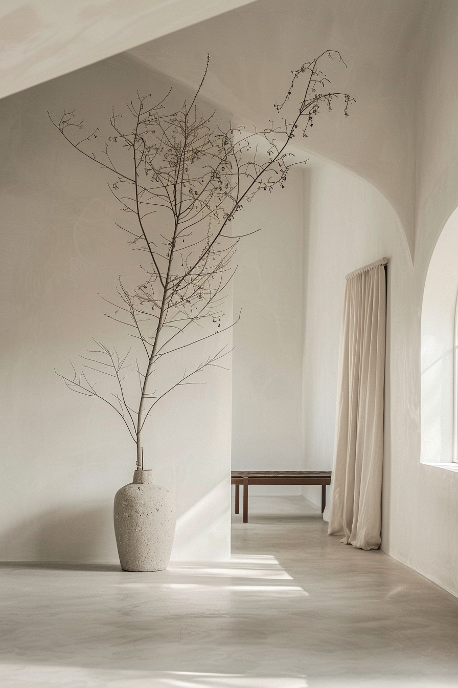 An elegantly minimalist room with natural light, featuring a large vase with a tall, dry plant, next to a draped window and bench.