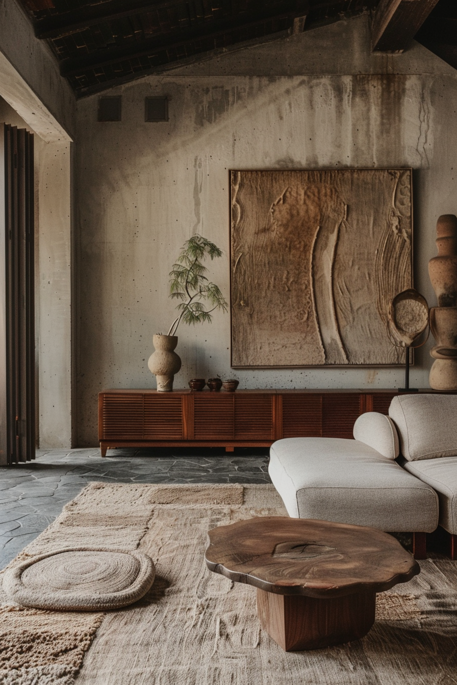 ALT: A cozy living room with a modern sofa, wooden furniture, textured rugs, and an abstract artwork on a concrete wall.