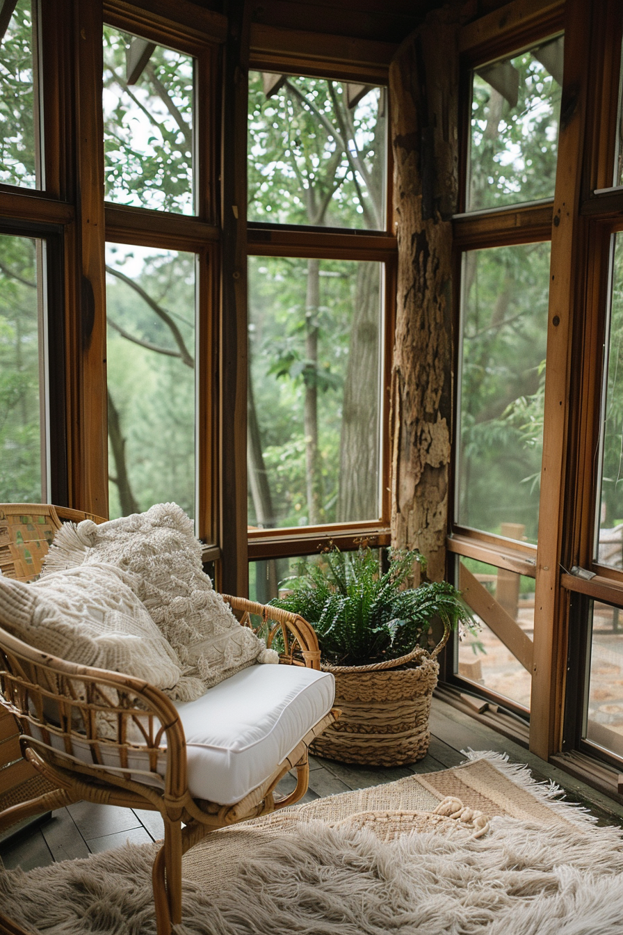 Cozy sunroom with a rattan armchair, fluffy pillows, a potted fern, surrounded by large windows and lush greenery outside.