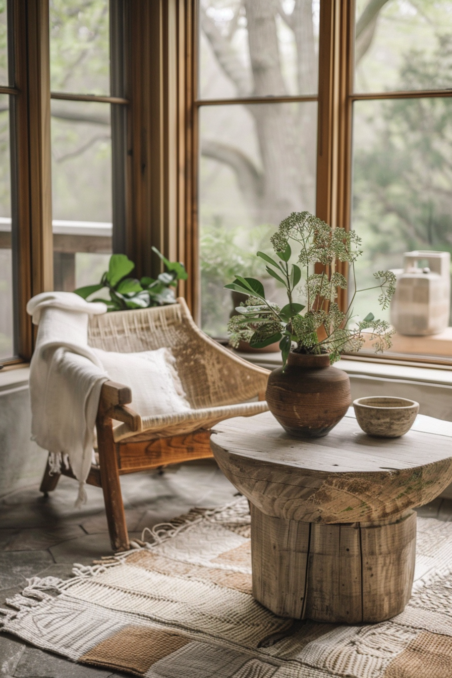 A cozy sunlit corner with a wicker chair, throw blanket, wooden table, pottery, and green plants by large windows looking out to trees.