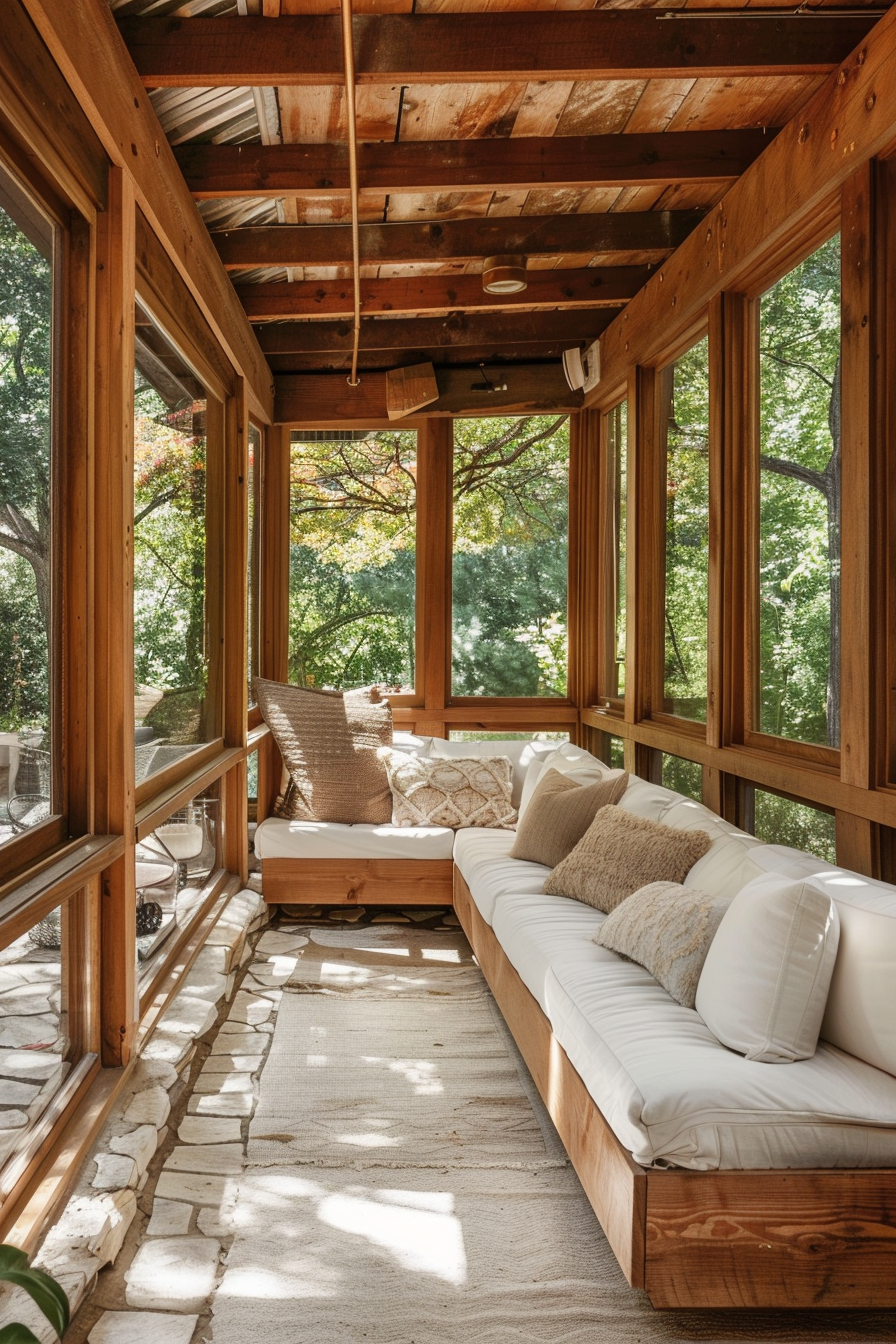 Cozy sunroom with wooden beams, large windows, lush greenery outside, a comfy sofa, and stone-tiled floor.