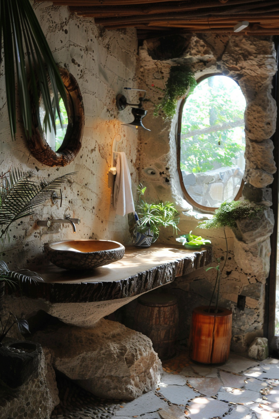 Rustic bathroom with a natural stone sink, oval mirror, plants, and a round window providing sunlight.