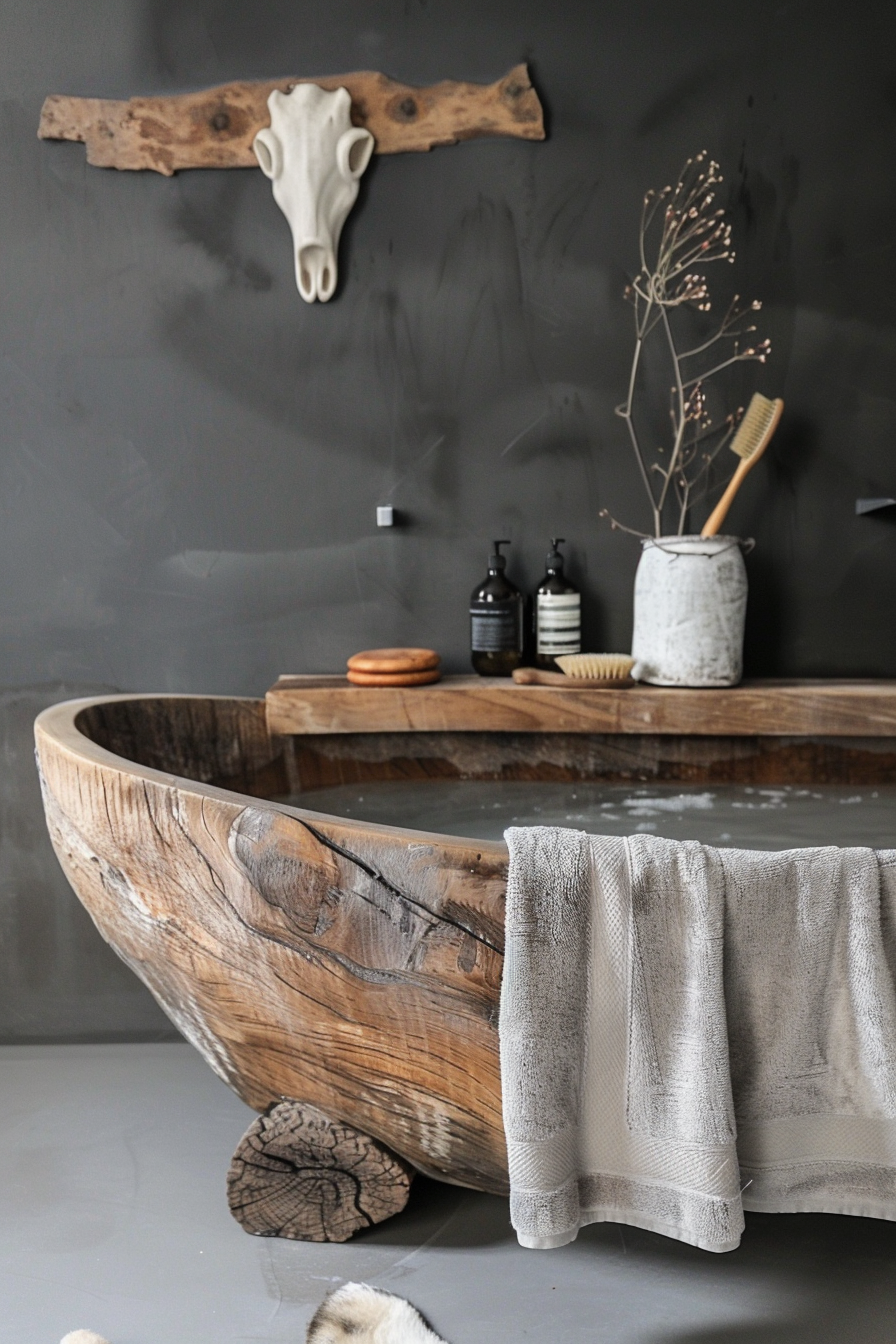 A rustic wooden bathtub in a bathroom with grey walls, a decorative cow skull, and bath accessories on a shelf.