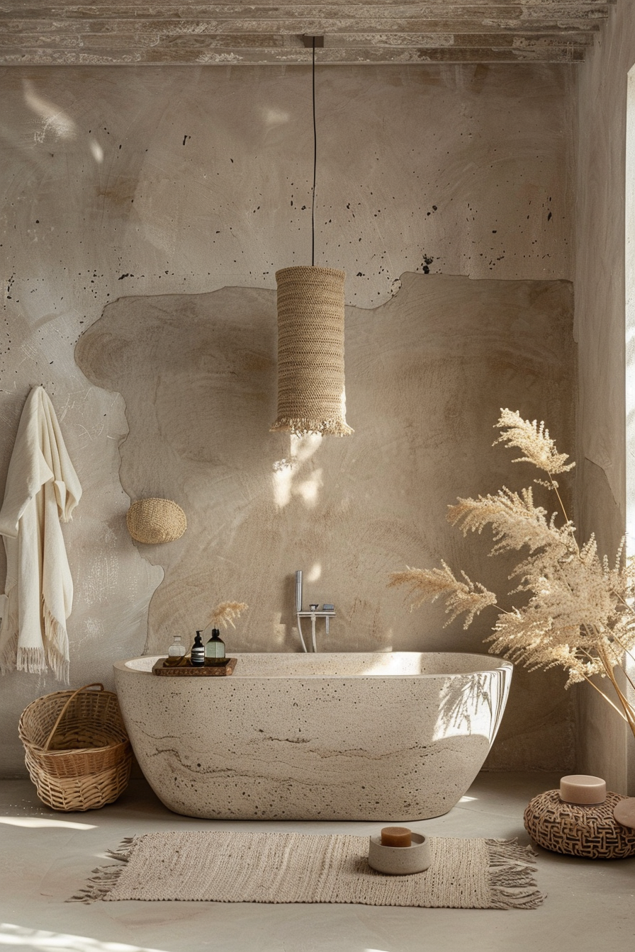 ALT: A serene bathroom with a textured freestanding bathtub, woven pendant light, rustic walls, a towel, and dried pampas grass decor.