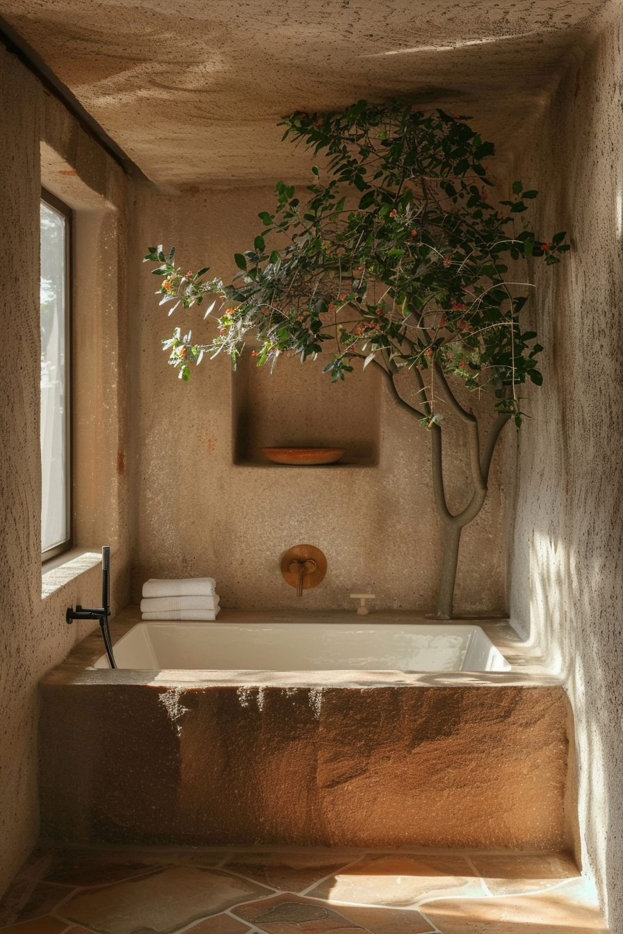 A rustic bathroom with a built-in bathtub and a potted tree, featuring warm natural light and earthy tones.