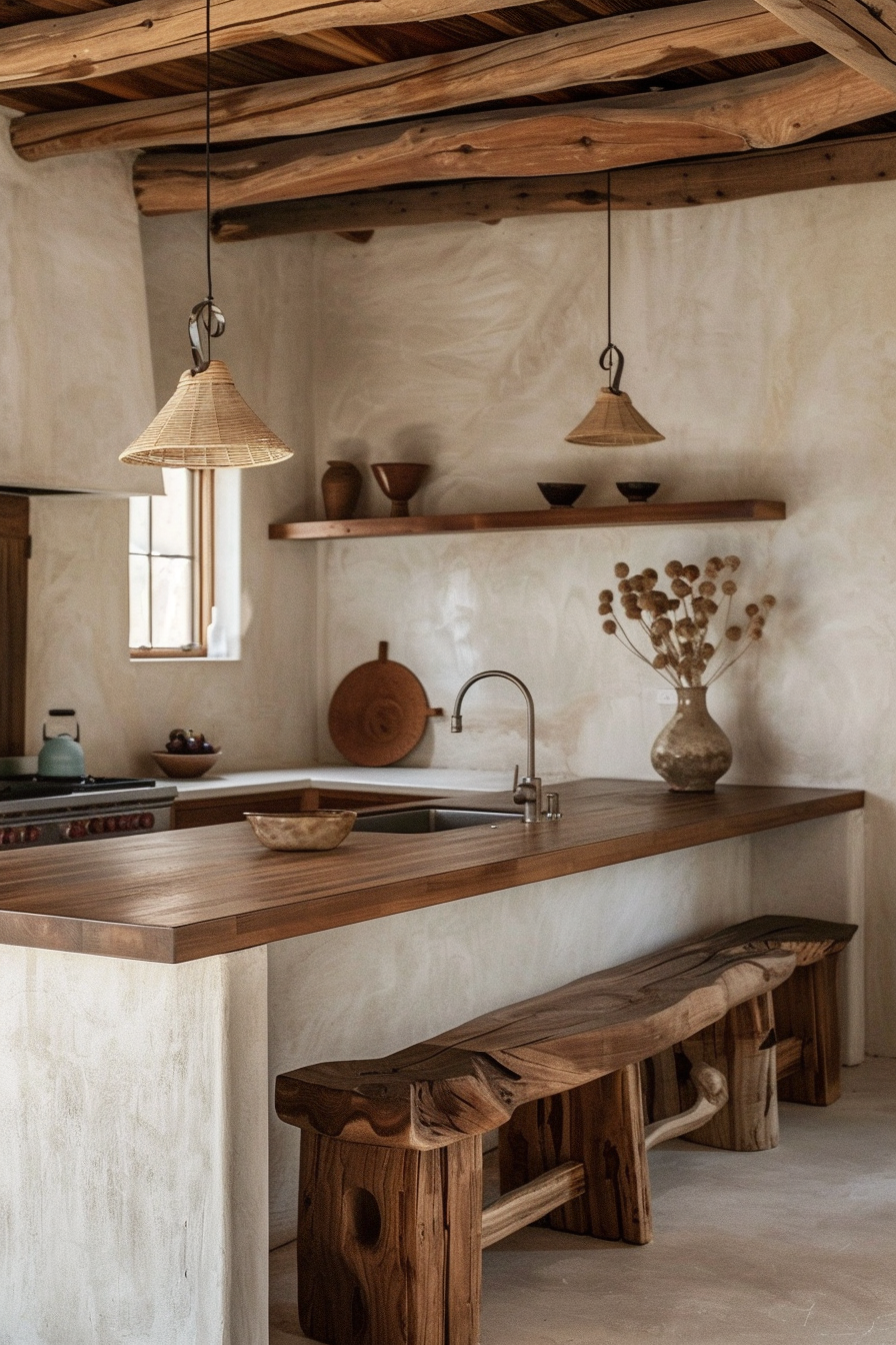 Rustic kitchen interior with wooden countertops, benches, exposed beams, and hanging wicker lamps, creating a warm and homely atmosphere.