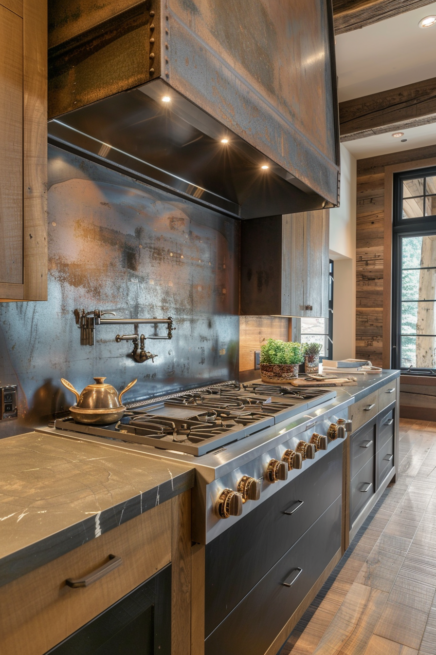 A rustic kitchen with a distressed metal backsplash, gas stove, and bronze-toned fixtures.