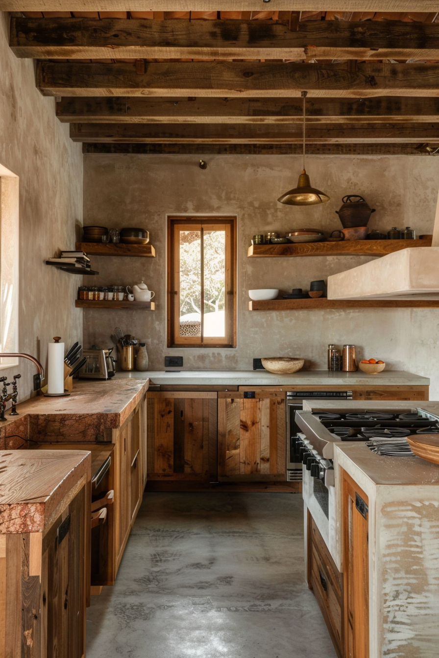Rustic kitchen with wooden cabinets, concrete counters, floating shelves, and a pendant light.