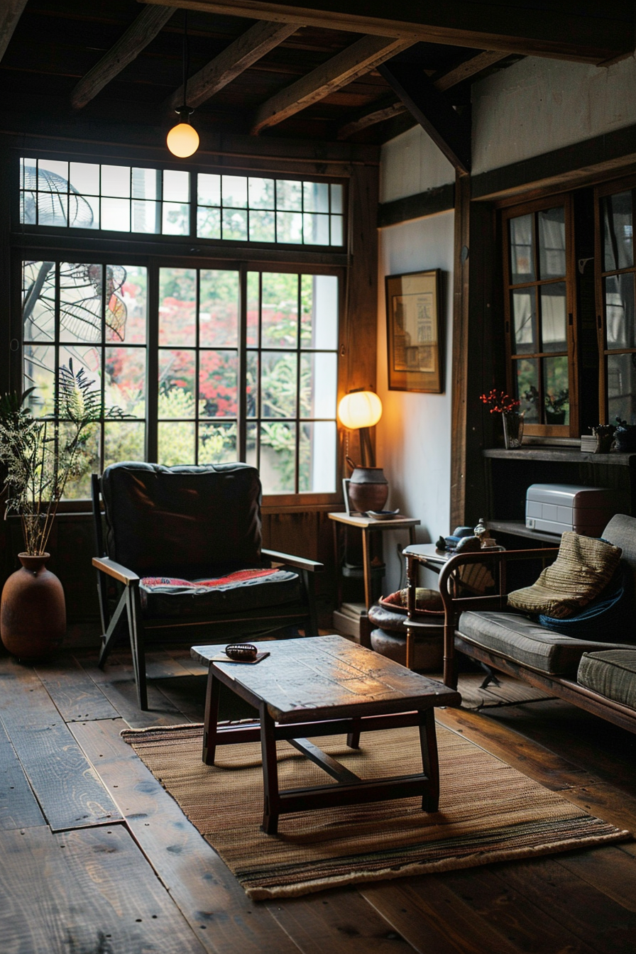 Cozy, warmly lit living room with traditional wooden furniture, a large window overlooking red autumn leaves, and a patterned rug on the floor.