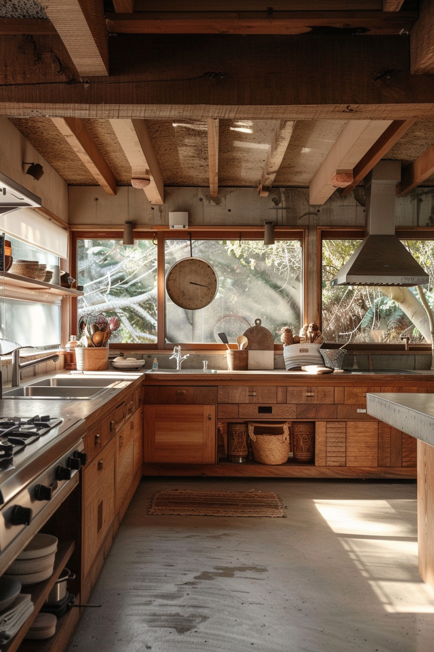 Cozy rustic kitchen interior with wooden cabinets, farmhouse sink, exposed beams, and sunlight streaming through large windows.