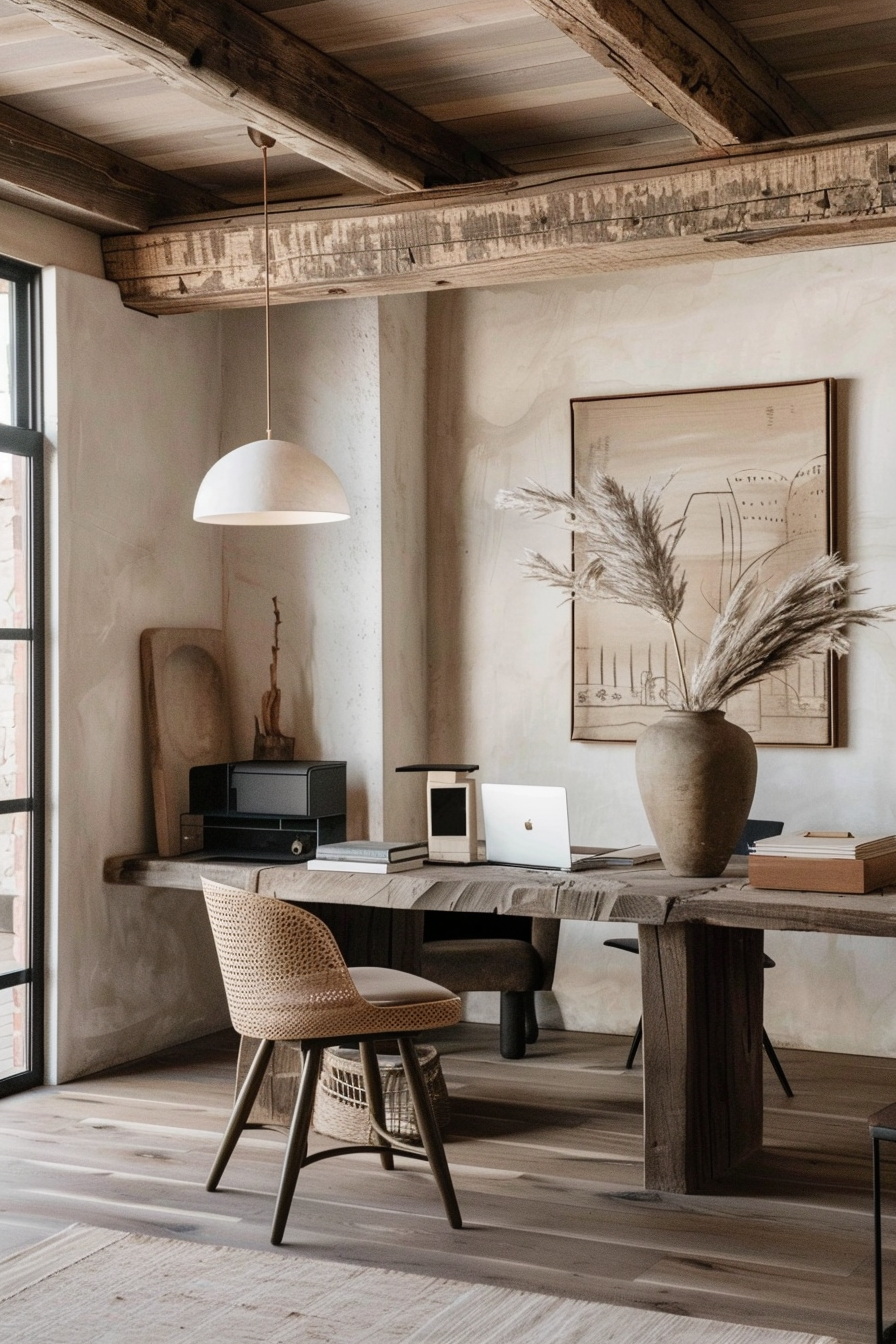 Rustic home office with reclaimed wood desk, wicker chair, pendant light, and decorative dried pampas grass in a vase.