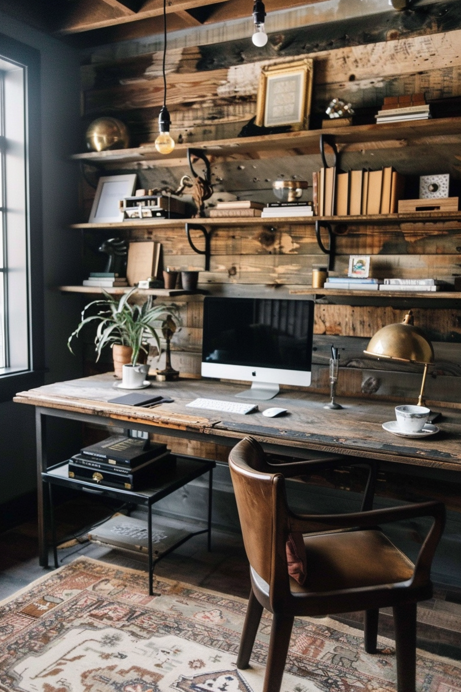 A cozy home office with a rustic wooden desk, iMac, hanging bulb lights, shelves with books, and a leather chair.