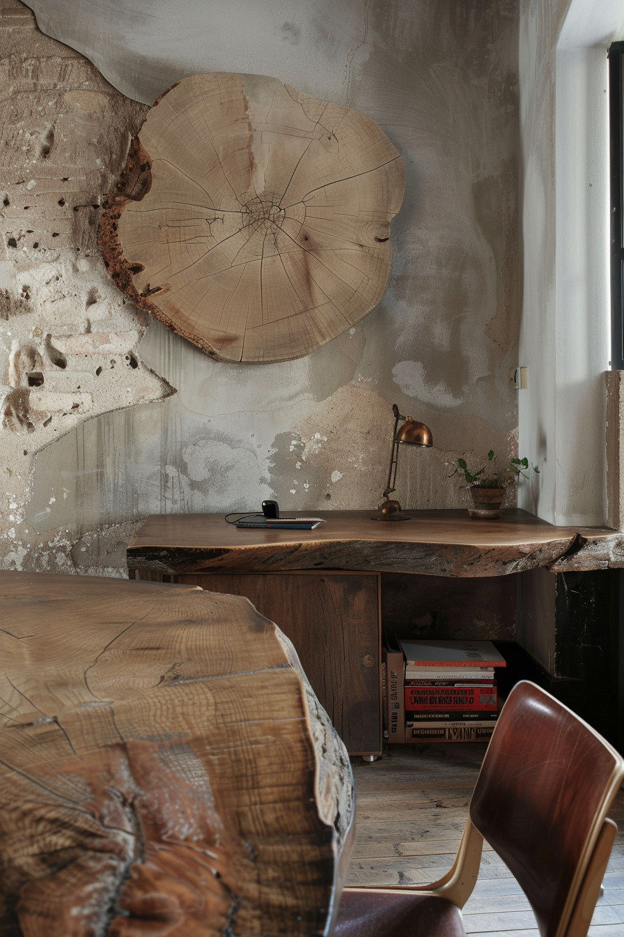 Rustic wooden desk and chair in a room with exposed concrete walls, with a round wood slice art piece on the wall.