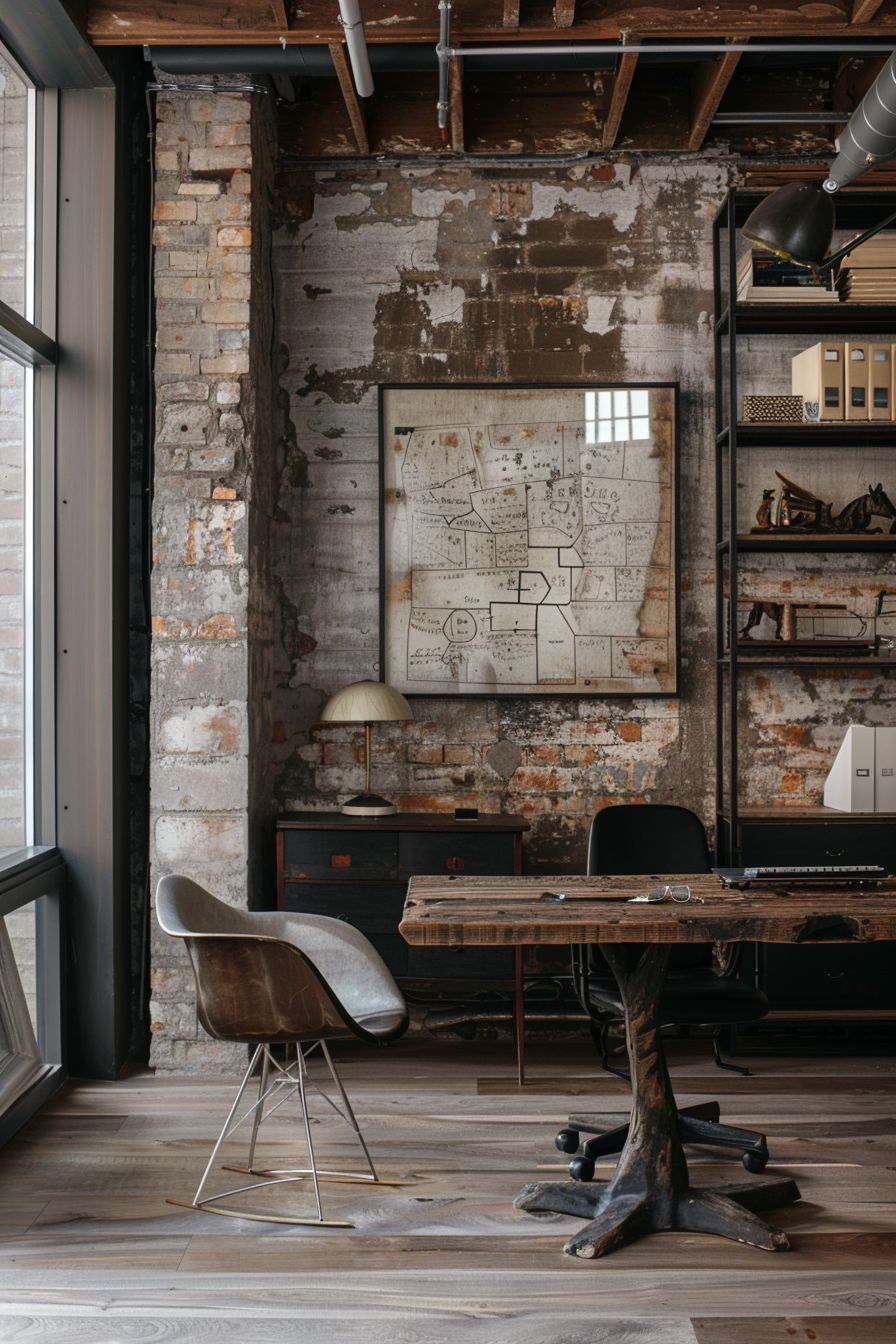 ALT text: "An industrial-style home office with exposed brick walls, reclaimed wood desk, vintage chair, and framed schematic hanging on the wall."