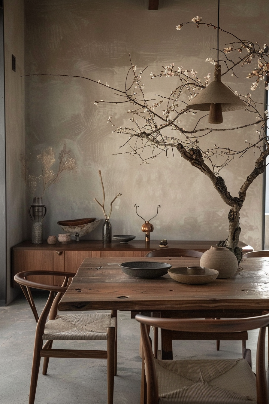 A cozy dining room with a wooden table and chairs, decorative branches, ceramics, and a pendant lamp creating a warm atmosphere.