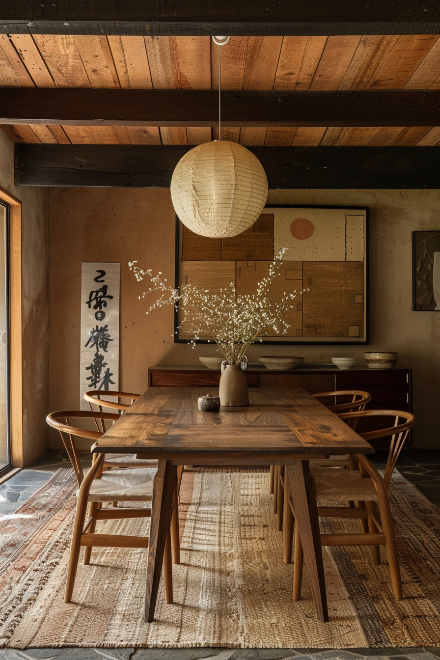 A cozy Japanese-style dining room with wooden table and chairs, a paper pendant lamp, calligraphy artwork, and a vase with white flowers.
