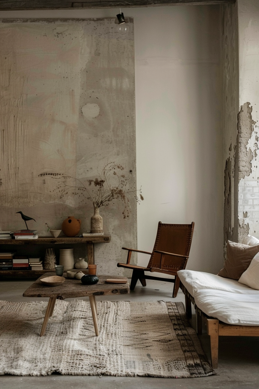 Cozy rustic interior with vintage furniture, textured accents, and abstract art on the wall.