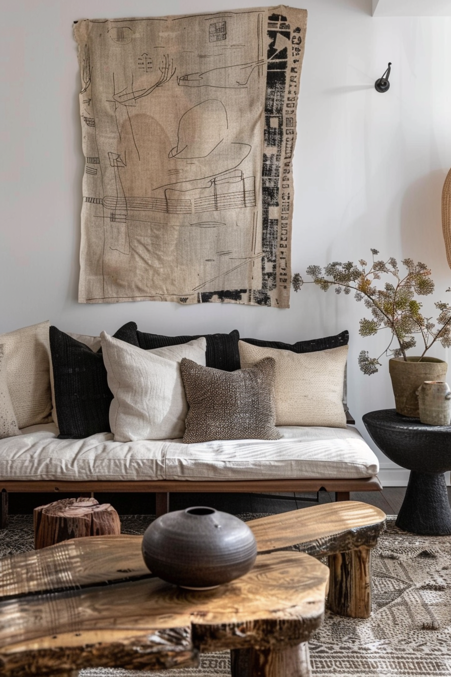 Cozy living room corner with eclectic decor, including a sofa with pillows, rustic wooden table, dried plants, and an artistic wall hanging.