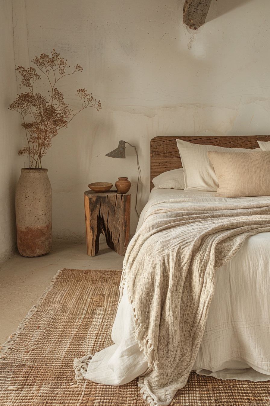Rustic bedroom corner with an unmade bed, cream bedding, a wooden nightstand, table lamp, large ceramic vase, and dried flowers.