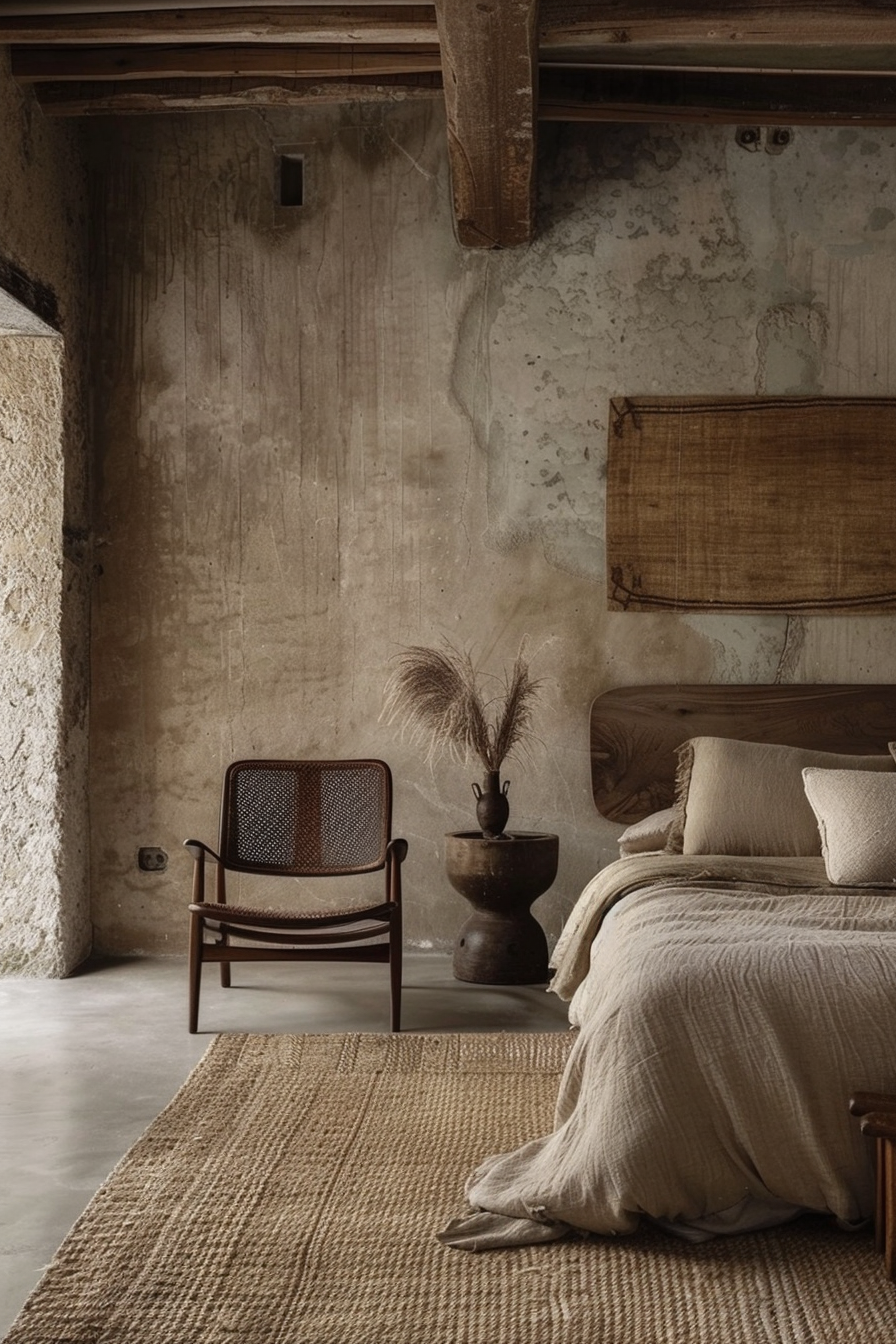 Rustic bedroom with an exposed concrete wall, wooden headboard, textured linens, armchair, and a pot with pampas grass.