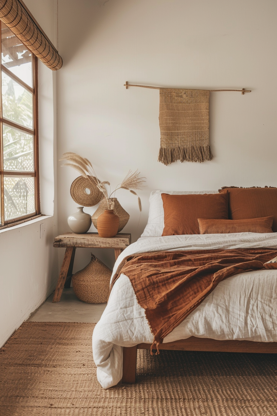 Cozy bedroom with white bedding, rust-colored throw blanket, dried plants on side table, and woven wall decor.