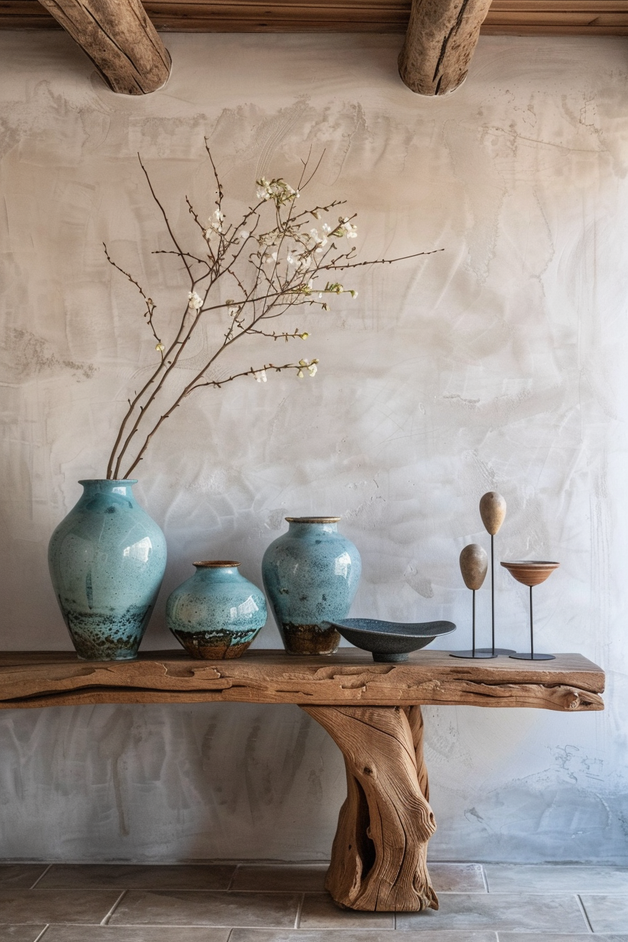 Rustic wooden bench with decorative pottery and branch with blossoms against a textured wall.
