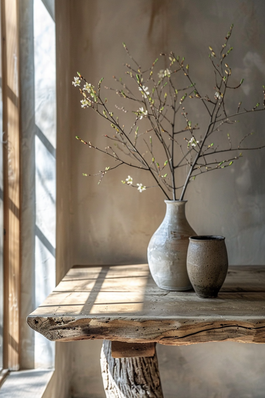 Rustic wooden table with a ceramic vase holding budding branches, accompanied by a smaller cup, in soft sunlight by a window.