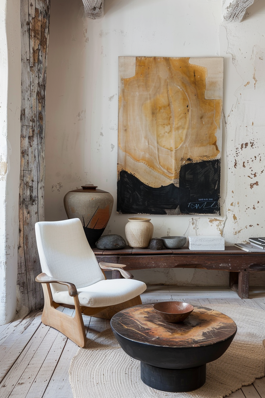 A rustic room featuring a modern abstract painting, a vintage wooden bench with pottery, a Scandinavian-style chair, and a round coffee table.