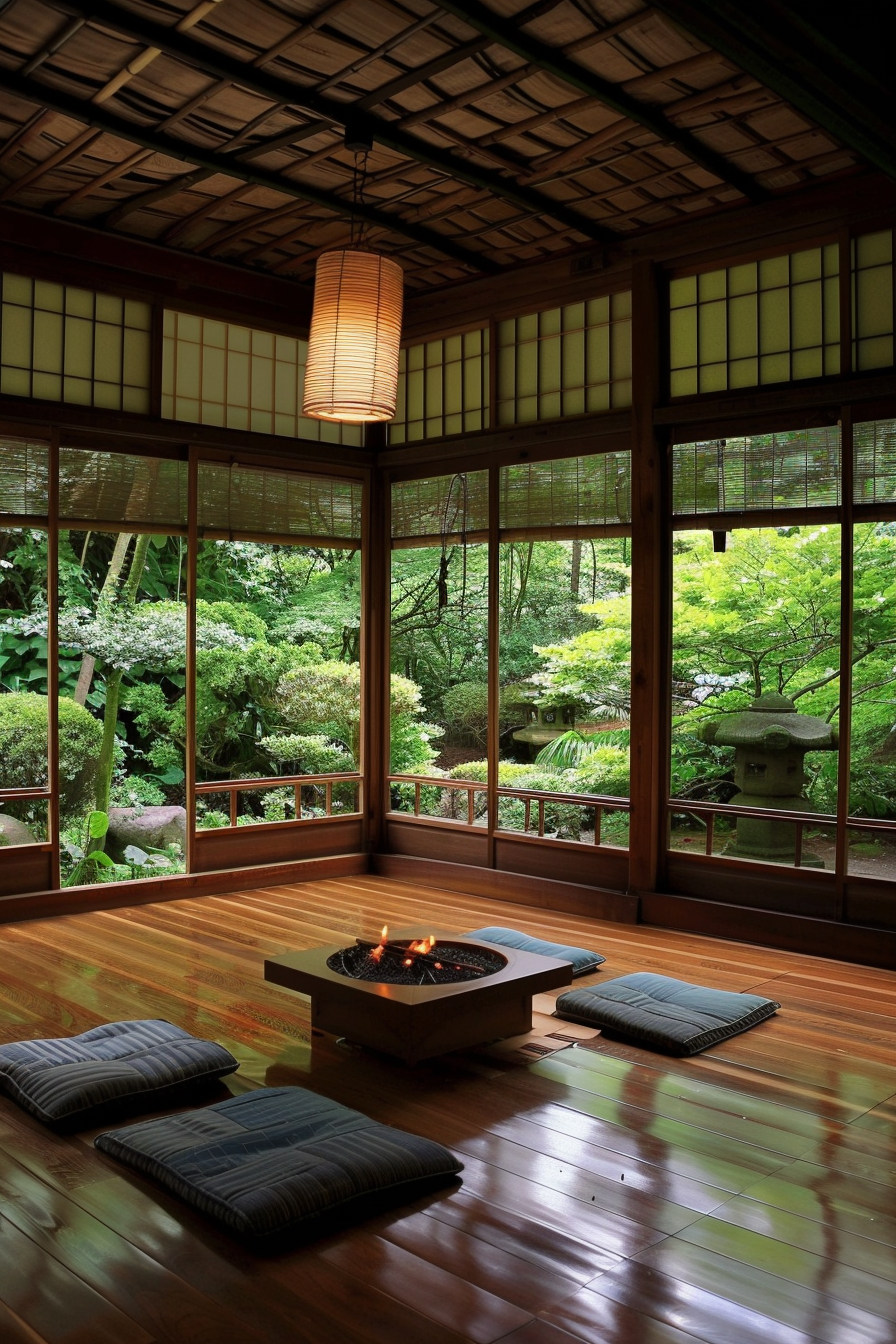 Traditional Japanese room with tatami floor, shoji screens, hanging lantern, and a central fire pit, overlooking a serene garden.