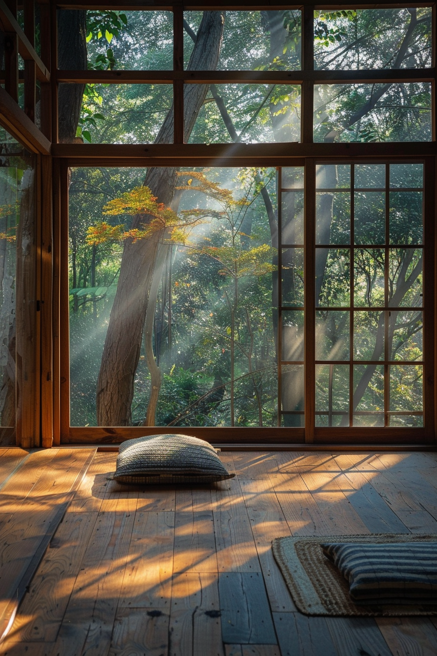 A serene room with a wooden floor and large windows looking out onto a sunlit forest with rays of light coming through the trees.