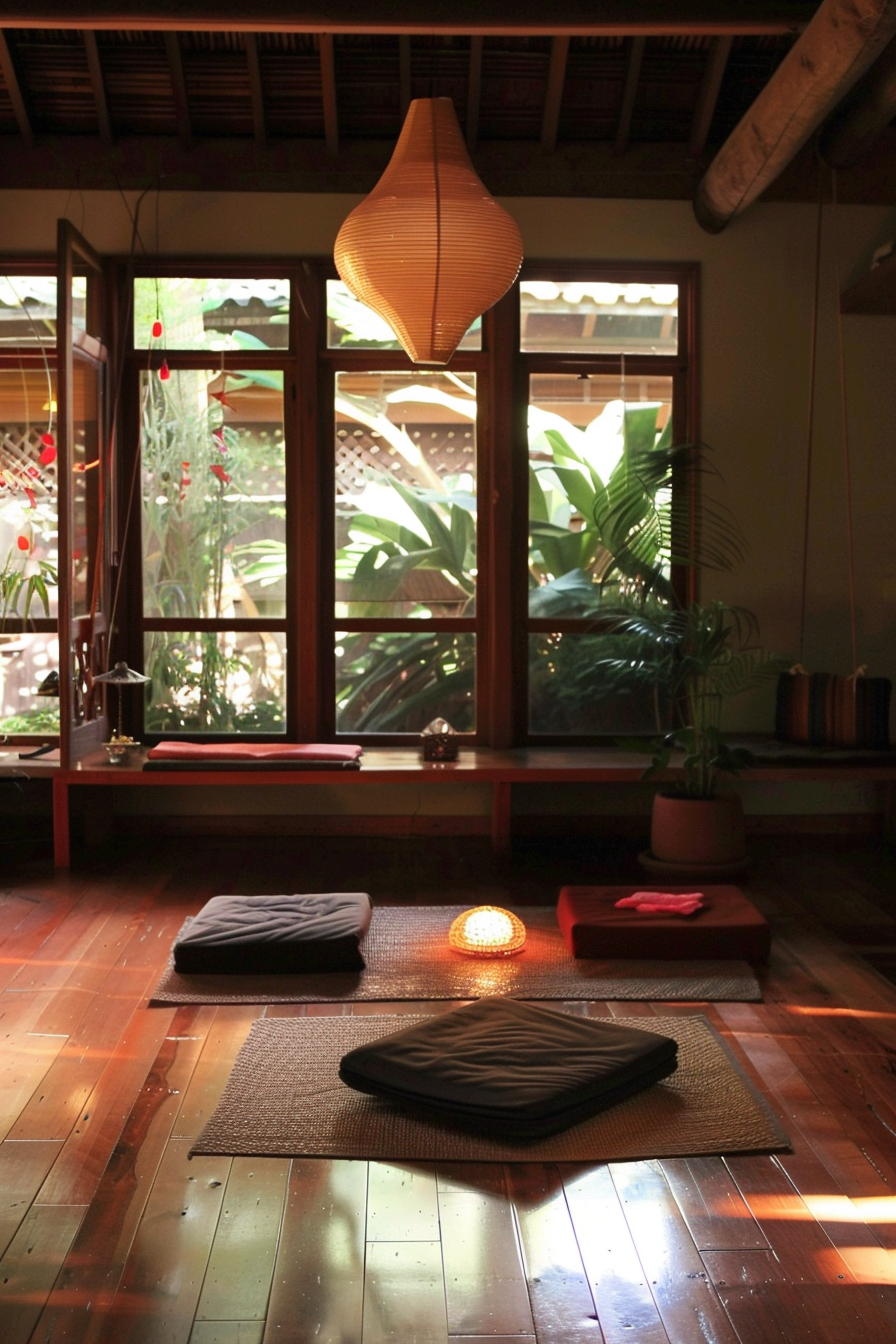 Cozy meditation space with floor cushions, wooden floors, large windows overlooking greenery, and warm hanging lamp lighting.