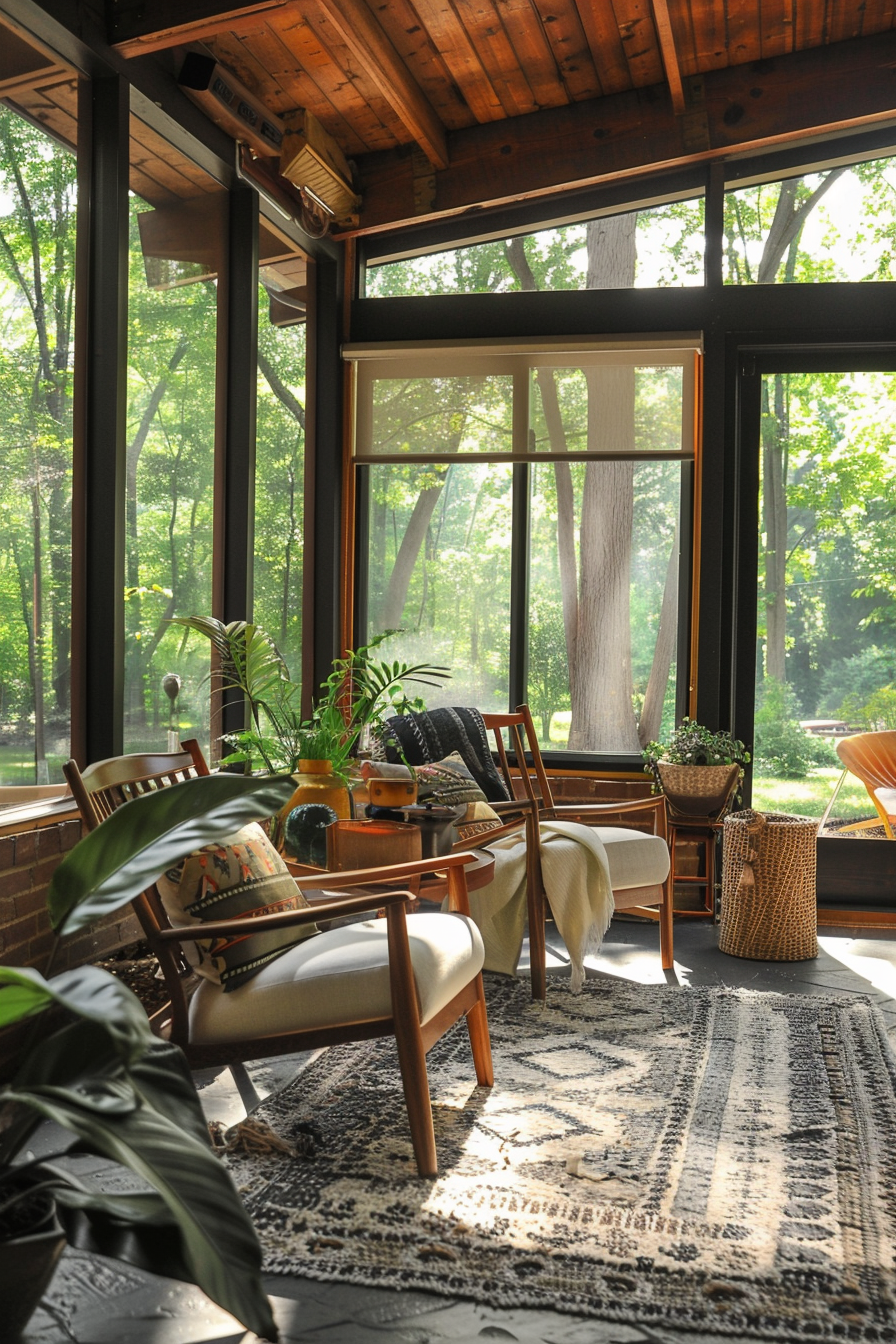 Cozy sunroom with mid-century modern chairs, lush greenery, patterned rug, and large windows overlooking a forest.