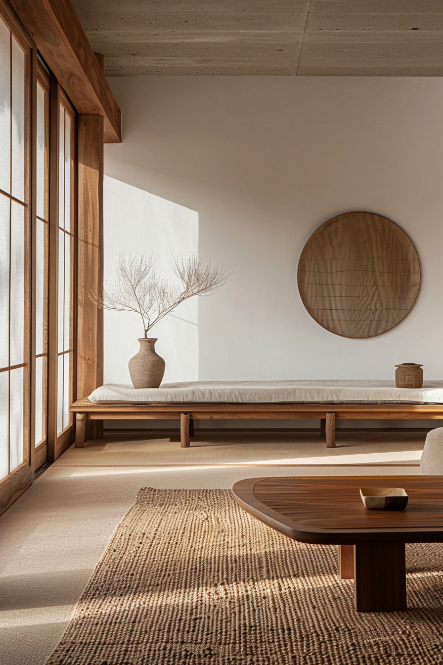 Minimalist Japanese-style room with tatami flooring, wooden furniture, sliding doors, and a vase on a low bench near the window.