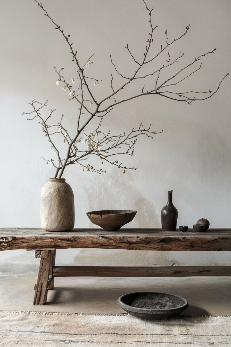 Rustic wooden table with a textured vase holding branches, flanked by ceramic bowls and a small bottle, with a neutral-toned wall backdrop.