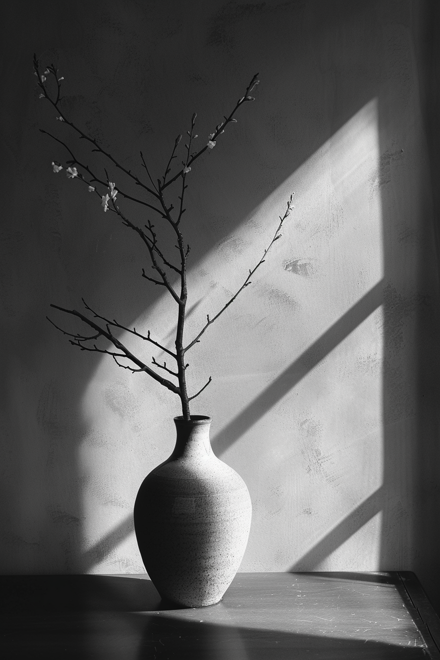 "Black and white image of a vase with a single branch bearing few blossoms, casting long shadows on a wall in sunlight."
