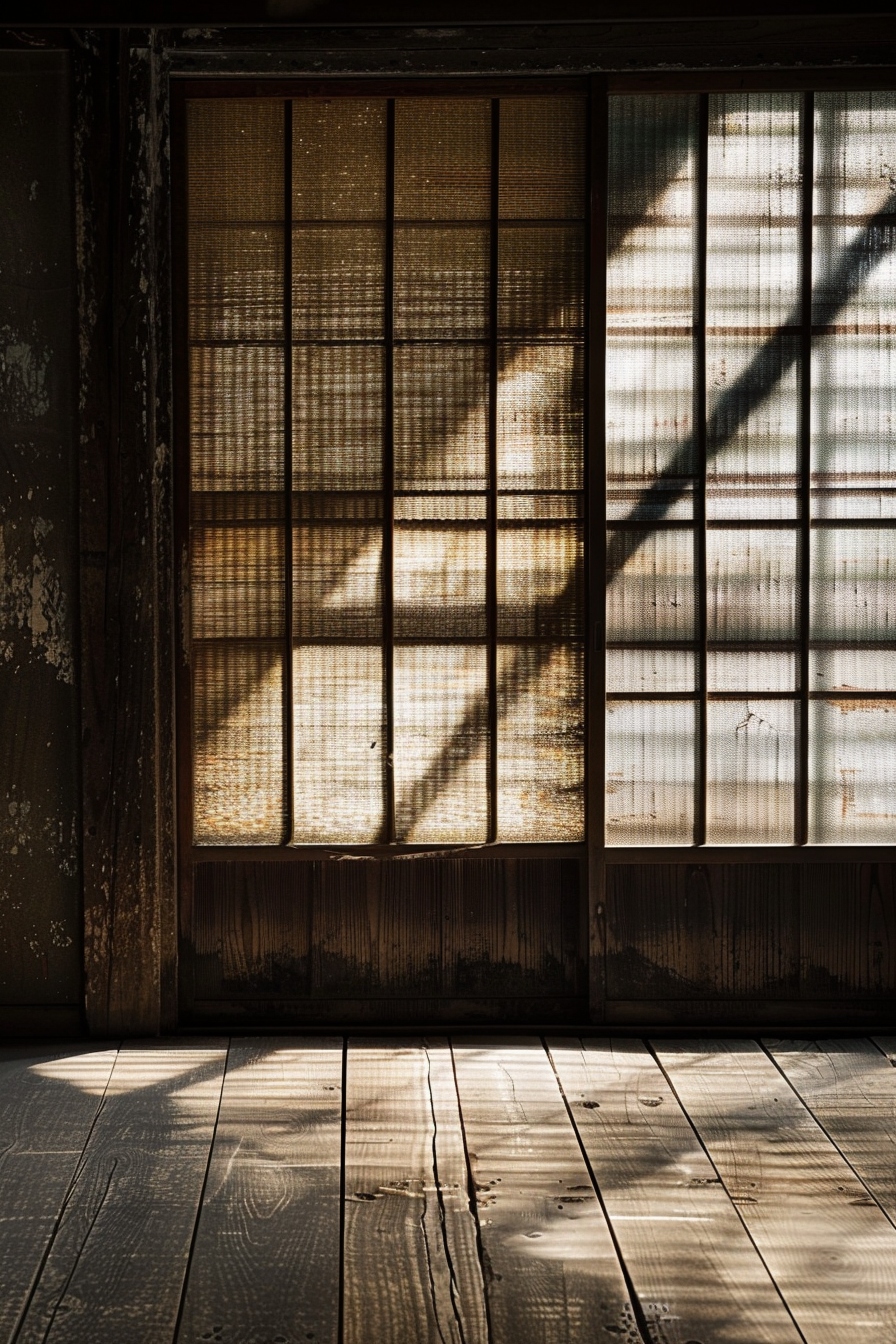 Sunlight filters through a shoji screen creating shadows on the wooden floor of a traditional Japanese room.